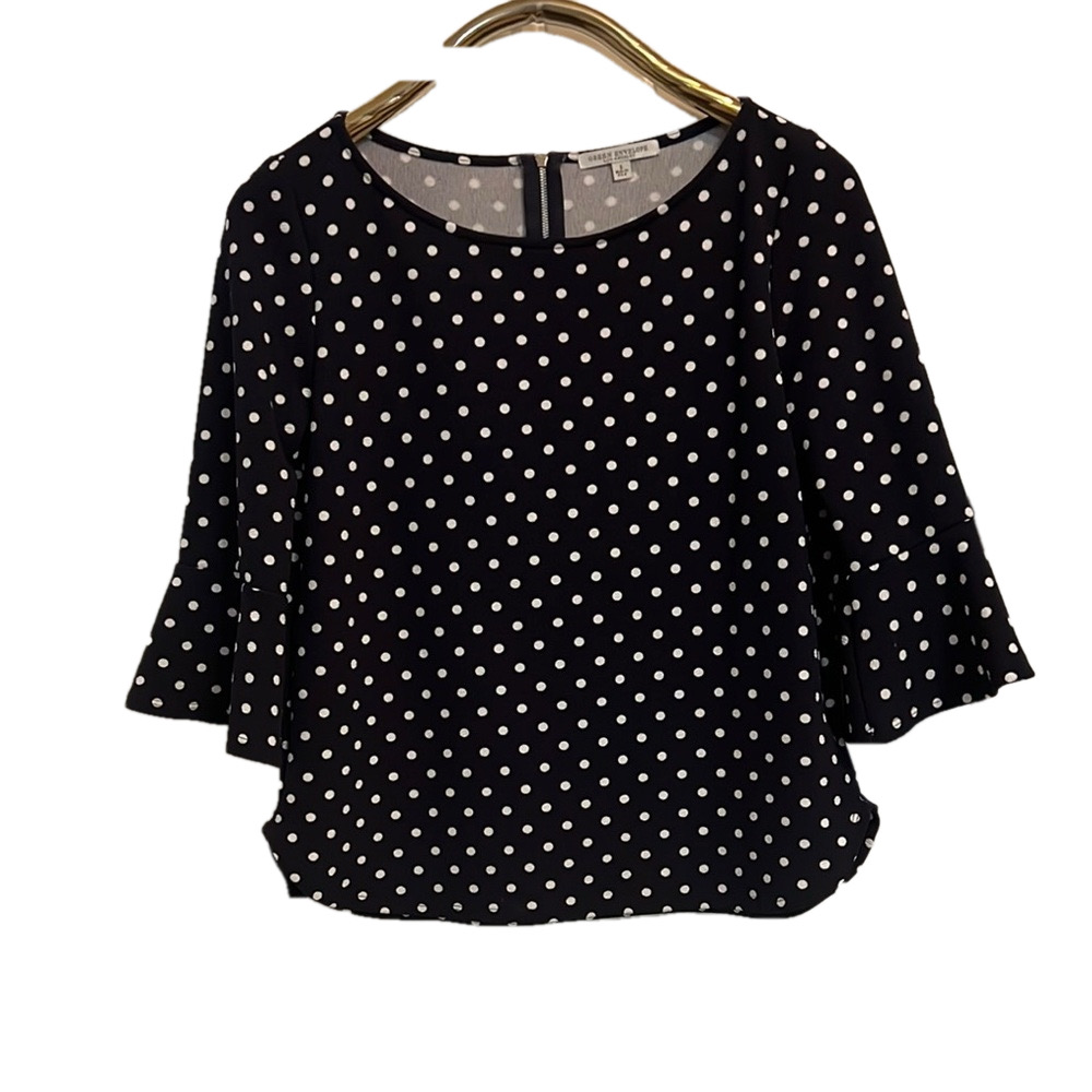 GREEN ENVELOPE Women's Large Blue with White Dots  Bell Sleeve Top - Picture 2 of 9